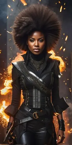 Pretty black woman with exploding head, dressed as an assassin,katniss,woman fire fighter,black widow,xmen,black woman,x-men,maria bayo,x men,digital compositing,head woman,female warrior,warrior woma