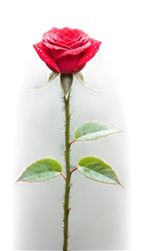 Red rose, full bloom, delicate petals, water droplets on petals, shining dew, green stem, thorns, morning light, soft focus, close-up shot, 1/2 composition, warm color tone, shallow depth of field.,ro