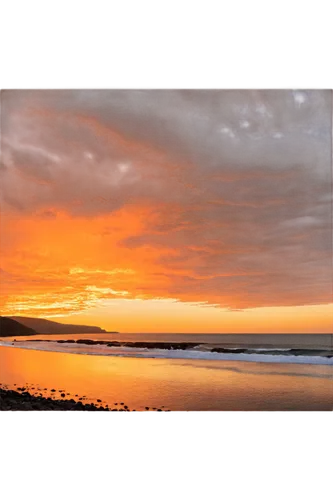 Panoramic view, breathtaking sunset, vibrant orange sky, few puffy clouds, rocky coastline, gentle waves, serene atmosphere, warm golden light, soft focus, shallow depth of field, cinematic compositio