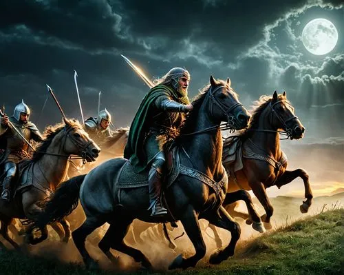 lord of the rings, the battle between rohan riders and mummakil on the fields of Pelennor,a painting of an action scene with men riding horses,rohirrim,arthurian,wiglaf,irminsul,hayrettin,spearmen,Pho