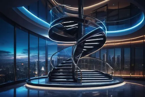 Futuristic AF design architecture, sleek metallic exterior, neon lights, curved lines, minimalist interior, marble floors, glass walls, high ceilings, spiral staircase, luxurious chandeliers, ambient 