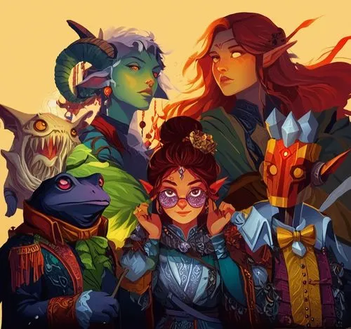  D&D party of adventurers
,an image of several characters from the animated game,adventurers,kobolds,paladins,group photo,dragon slayers,the dawn family,Illustration,Paper based,Paper Based 27