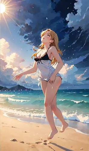 The sand of a tropical beach catches the bright sun as a woman in a sleek white dress and a black bikini stands on the edge of the calm ocean. The girl's hair is tousled, and her eyes are closed in se