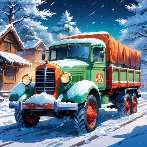 A 1930s truck vehicle prepared for snow and ice situations.,an old fashioned dump truck with snow on the front,christmas truck,christmas truck with tree,kamaz,winter service,russian winter,christmas p