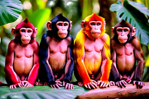 Funny monkey group, 5-7 monkeys, different facial expressions, colorful fur, various poses, some sitting, some standing, some holding hands, tropical leaf background, bright colors, shallow depth of f