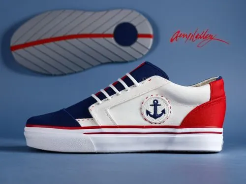 Canvas sneaker, "canvas patch  with embossed anchor" on vamp, all navy with red  color scheme, "red toe cap", "white sole "with "red bottom" trim,Custom boat shoe 2 ,nautical,nautical colors,yacht clu