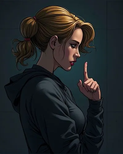 clsoe up shot, side profile view, Emma uses her finger pointing down, Emma is talking downward, Brian Michael Bendis comic DC comic book illustration artstyle, dark cinematic colour grading, dark mood