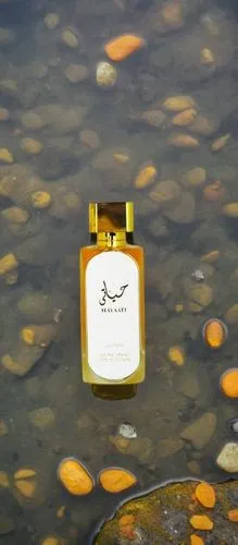 بندازش رو یک سنگ وسط آب و رنگ آب هم زعفرانی باشد,a bottle in a water that is sitting on rocks,grossmith,lily water,parfumerie,finch in liquid amber,cologne water,scent of jasmine,goldwasser,orange sce