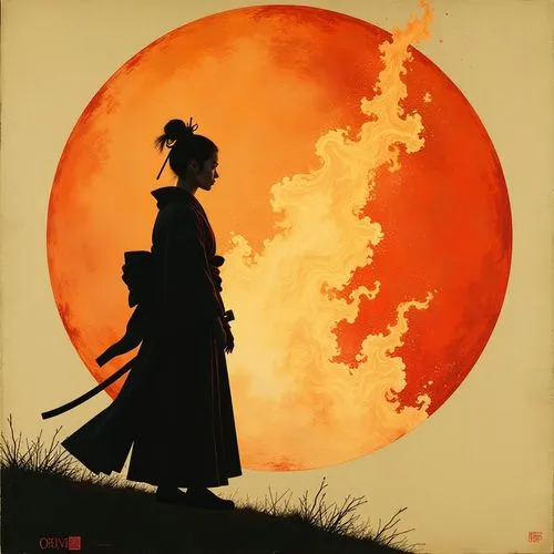 woman silhouette,silhouette art,red sun,japanese art,mulan,kyudo