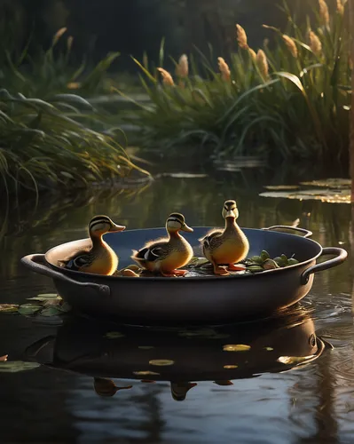 Create a poetic piece depicting the beauty of nature as the ducks gracefully swim away from the frying pan.,wild ducks,ducks,bath ducks,mallards,fry ducks,duck on the water,rubber ducks,duck meet,duck