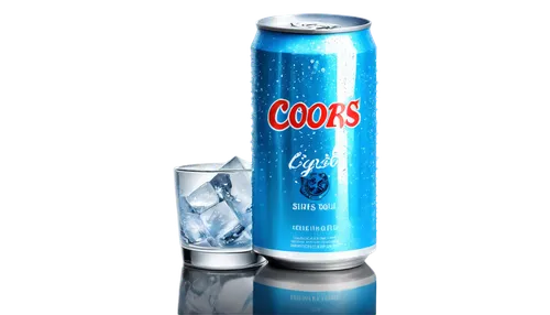 Coors beer, light blue can, silver rim, refreshing condensation, ice cubes surrounding, 3/4 composition, shallow depth of field, soft natural light, warm color tone, cinematic lighting, realistic refl