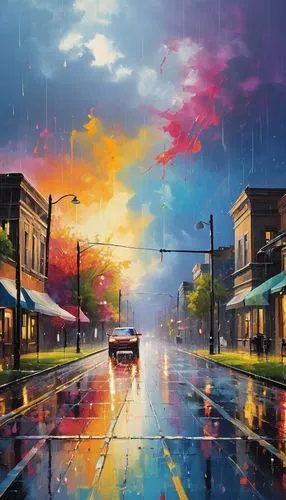 after the rain,colorful city,umbrellas,after rain,raindops,rainstorm,rainy,monsoon,cityscape,golden rain,walking in the rain,rain clouds,oil painting on canvas,rain,raincloud,rains,rain bar,rainy day,umbrella,drop of rain,Photography,General,Realistic