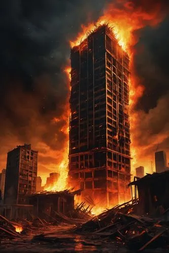 Flames, blazing fire, inferno, apocalyptic scene, dark background, orange-yellow hues, sparks flying everywhere, smoke billowing upwards, destroyed cityscape, skyscrapers in ruin, debris scattered aro