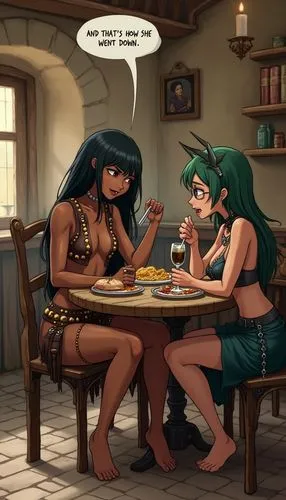 Draw in anime style: A Byzantine tavern. Seated at a table are a barefoot, mean-looking Polynesian girl, with good muscle tone, ebony tan, wearing an unbuttoned hanging-loose open-front brass-studded 