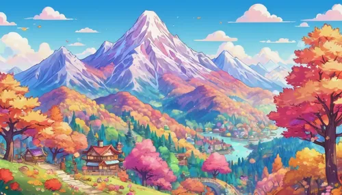 autumn mountains,autumn background,autumn landscape,fall landscape,mountain scene,landscape background,mountain landscape,mushroom landscape,autumn forest,mountainous landscape,mountain world,autumn scenery,autumn theme,mountains,colorful background,autumn trees,forest background,fantasy landscape,mountain valley,forest landscape,Illustration,Japanese style,Japanese Style 02