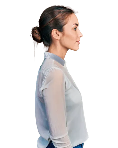 long-sleeved t-shirt,shoulder length,bolero jacket,long-sleeve,connective back,half profile,profile,girl on a white background,menswear for women,semi-profile,updo,posture,woman silhouette,full-profile,back of head,sprint woman,shoulder pain,ponytail,woman's backside,women's clothing,Conceptual Art,Oil color,Oil Color 15