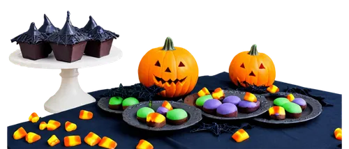 Halloween-themed desserts, colorful candy, witches' brew punch, jack-o'-lantern cake pops, ghostly marshmallow treats, spider web cookies, bat wing brownies, pumpkin pie, candy corn, festive table set