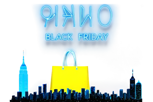 Black Friday sale graphic, modern digital art, neon lights, glowing blue lines, futuristic cityscape background, skyscraper, night scene, bright yellow font, bold sans-serif typography, discounted pri