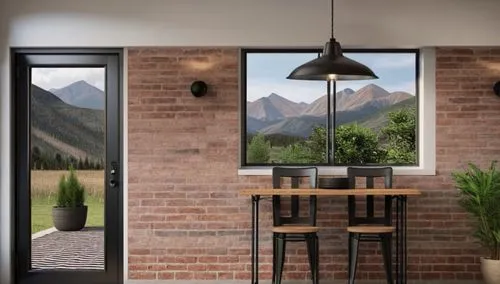 brick wall, light wood and black iron table with black iron chairs, black door. and black lamp, in the background a window showing the mountain landscape and green meadows,window frames,wallcoverings,