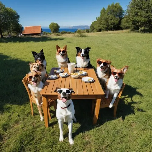 family dinner,breakfast table,picnic table,long table,tafel,dog cafe,family picnic,beagles,breakfast outside,round table,chihuahuas,family dog,family gathering,corgis,breakfast buffet,dinner party,outdoor dining,dinner for two,set the table,alfresco,Photography,General,Realistic