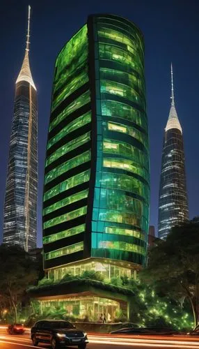 Modern skyscraper, futuristic design, steel frame structure, glass and metal exterior, asymmetrical shape, curved lines, rooftop garden, green walls, LED lights, nighttime scene, cityscape background,