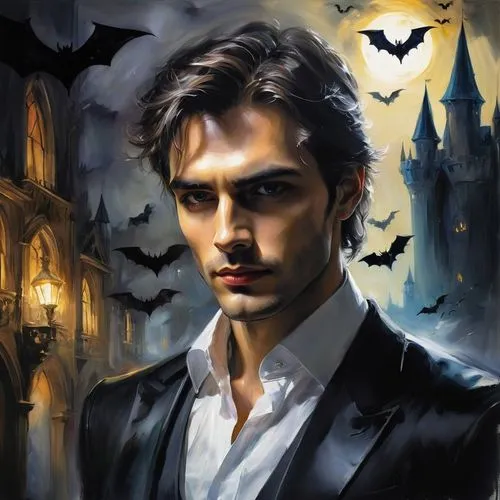 Create a dark and mysterious but handsome man with dark past picture. His eyes is shining with mysterious light. A creepy castle far behind the back of man. Bats fly. ,lestat,alcide,count dracula,vamp