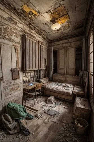 A dimly lit interior decoration site in disarray during construction. abandoned and broken floor,abandoned room,luxury decay,abandoned house,abandoned places,abandoned place,empty interior,assay offic