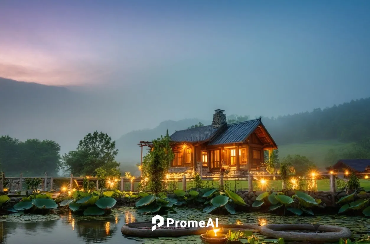 There is a lotus pond in front of the house,a log house surrounded by lily pads in the evening,house with lake,bucovina romania,romania,house by the water,house in mountains,house in the mountains,Pho