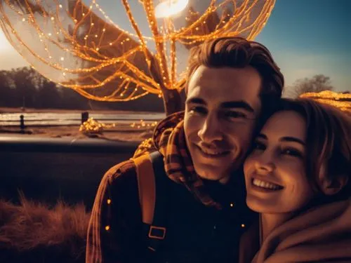 a happy couple on a trip,a man and a woman are smiling next to a christmas tree,bokeh hearts,background bokeh,bokeh effect,bokeh lights,bokeh,lens flare,photo session at night,square bokeh,romantic po