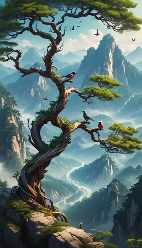 Summer, Chinese mountains, birds sit on the branches of a twisted tree,flourishing tree,bonsai,landscape background,mountain scene,dragon tree,mountain landscape,bonsai tree,forest background,the japa