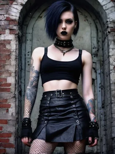 Muscular goth girl, solo, (20yo), pale skin, dark eyeliner, bold eyebrows, black lipstick, silver piercings, ripped fishnet stockings, leather mini skirt, heavy combat boots, spiked choker, tattoos on