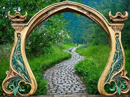 wood gate,art nouveau frame,the mystical path,archway,celtic harp,pathway,art nouveau frames,farm gate,heaven gate,wooden path,gateway,aaa,fairy tale,a fairy tale,fairy door,forest path,iron gate,frame border illustration,the way,portal,Illustration,Retro,Retro 13