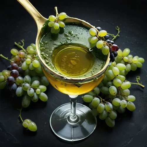 a luscious spoon surrounded by ripe grapes and juicy tequila is held in a gilded glass. The surface of the sauce is a deep green, perfect for dipping into delicious flavors and textures as the air is 