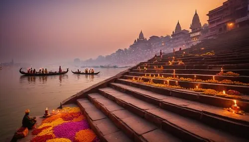 Ancient Indian architecture, Ghat stairs, holy river Ganges, Varanasi cityscape, morning mist, warm golden light, intricate carvings, ornate pillars, steps leading to the water's edge, devotees perfor