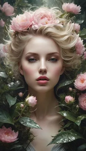 faery,wild roses,dryad,girl in a wreath,camellia,faerie,Conceptual Art,Fantasy,Fantasy 11