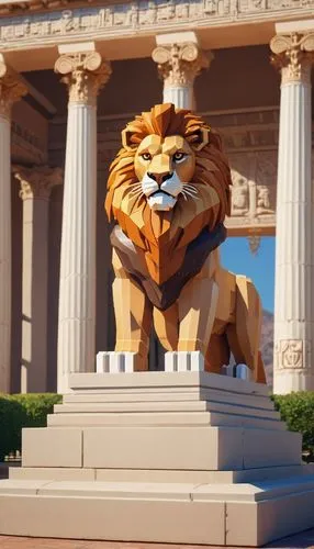 Senior high school, majestic lion mascot, strong muscular body, regal mane, sharp eyes, wearing a graduation hat, holding a diploma, standing on a stone pedestal, surrounded by classical Greek columns