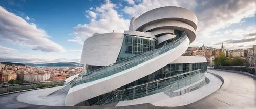 Guggenheim Museum, iconic spiral staircase, white marble exterior, geometric shapes, modern art museum, Bilbao cityscape, cloudy blue sky, subtle lighting, 3/4 composition, shallow depth of field, cin