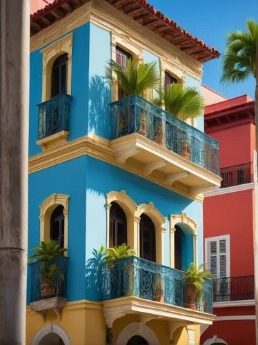 Colonial-style architecture, Dominican Republic, colorful buildings, ornate balconies, intricate stone carvings, red-tiled roofs, vibrant street art, tropical plants, palm trees, bright blue sky, warm