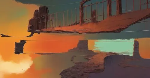 a colorful painting of a bridge over water,skylands,futuristic landscape,skyways,canyon,environments,airships,chasm,skywalks,homeworld,skywalking,cliffs,floating island,docks,overpainting,skybridge,co