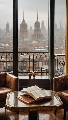 Architecture design book, hardcover, leather-bound, golden font, ornate details, coffee table, wooden floor, modern interior, large window, cityscape view, rainy day, soft natural light, 3/4 compositi