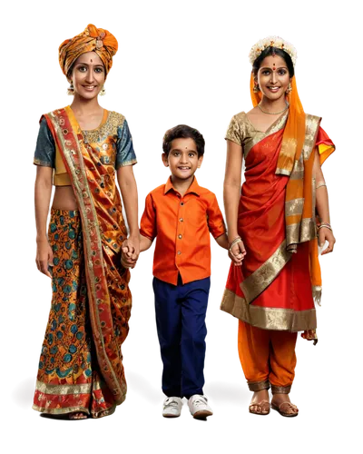 Indian cartoon family, colorful clothing, father with turban, mother in sari, two kids (boy and girl), smiling faces, bright eyes, traditional Indian accessories, intricate patterns, warm lighting, vi