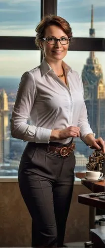 Average salary architectural lighting designer, mature lady, 30yo, short brown hair, gentle smile, glasses, business casual attire, white blouse, black trousers, standing, office interior, modern skys