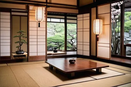 japanese-style room,ryokan,tatami,ryokans,japanese zen garden,tea ceremony,chanoyu,japanese garden ornament,zen garden,japanese style,dojo,teahouse,shoin,japan garden,japon,dining room,heian,japanese patterns,asian architecture,japanese garden,Conceptual Art,Sci-Fi,Sci-Fi 09