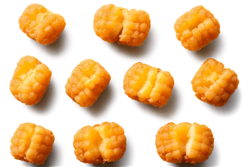 Crunchy tater tots, golden yellow, irregular shapes, crispy texture, solo, centered composition, shallow depth of field, warm lighting, 3/4 view, slight shadow, transparent background.,cheese puffs,mc