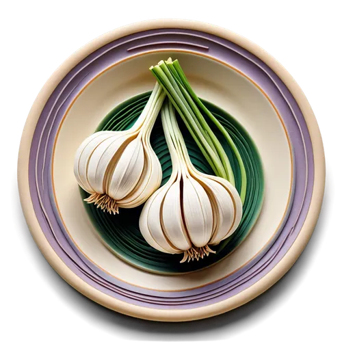 Garlic bulb, solo, detailed texture, white papery skin, purple-tinged cloves, green shoots, root system, ceramic plate, indoor setting, warm lighting, shallow depth of field, 3/4 composition, realisti