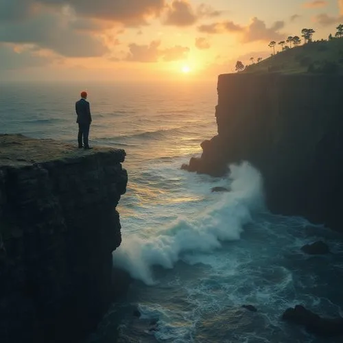 a very high cliff above a raging ocaean, old business man with orange hair standing on the edge of the cliff in direction of the ocean, sunset, cinematic ultra-reallistic,the man is watching the beaut