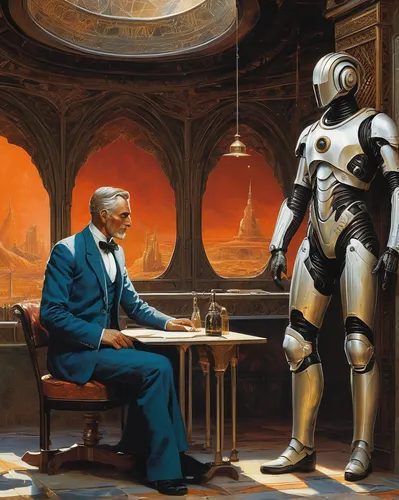 Develop a thought-provoking sci-fi where yesbackpage reshapes humanity.,droids,business icons,sci fiction illustration,c-3po,business meeting,droid,a meeting,cg artwork,george lucas,empire,concierge,g