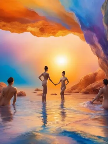 thermal spring,bathers,ladyland,naturists,fantasy picture,blue lagoon,baptism of christ,hotsprings,naturism,colorful grand prismatic spring,3d fantasy,lachapelle,hotspring,volcano pool,lover's beach,kawaii people swimming,fantasy art,blue caves,the blue caves,world digital painting,Illustration,Realistic Fantasy,Realistic Fantasy 01