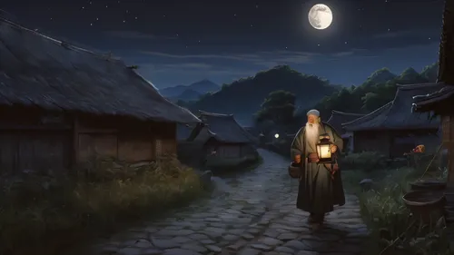 the night of kupala,inuyasha,innkeeper,okina,luin,night scene,tengu,hiromasa,hanfu,shennong,konoe,korean folk village,nightwatchman,riftwar,moonlit night,youkai,seimei,japanese lantern,hohenheim,townsfolk,Illustration,Realistic Fantasy,Realistic Fantasy 12