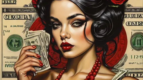 geisha girl,dollar bill,geisha,twenties,twenties women,orientalism,banknotes,the dollar,hung yen,valentine day's pin up,banknote,dollar sign,cool pop art,dollar,pin ups,valentine pin up,money case,david bates,paper money,money rain,Illustration,Realistic Fantasy,Realistic Fantasy 10